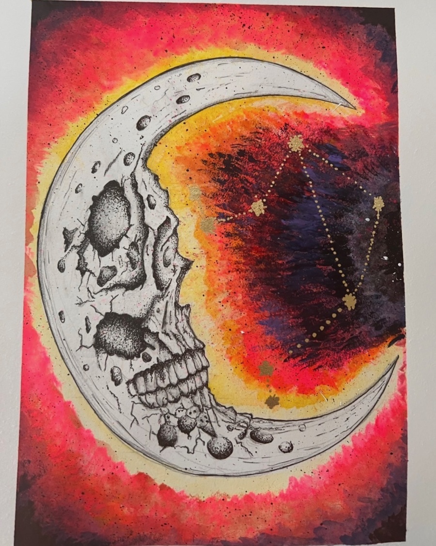 Illustration of a crescent moon shaped like a skull against a red and yellow background.