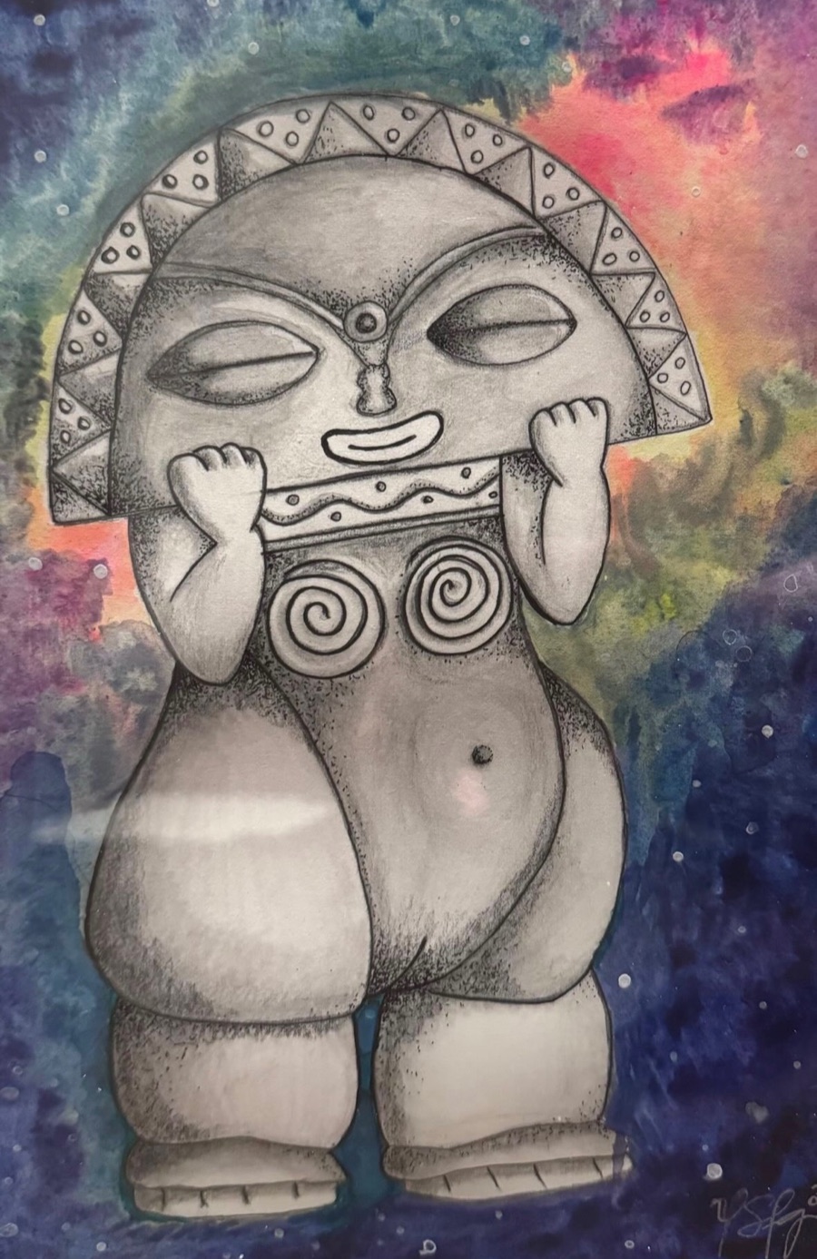 Artwork of the Taino moon goddess holding a mask against a blue and pink background.