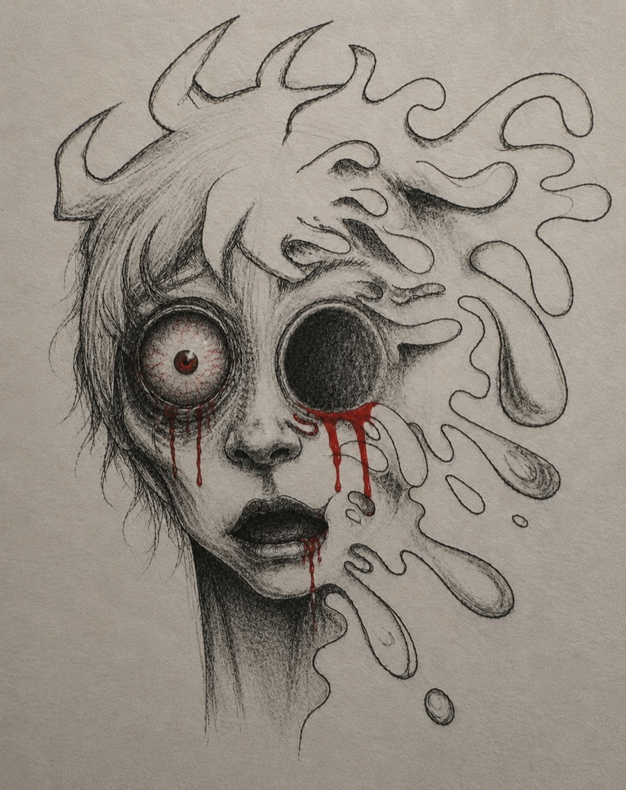 Black-and-white pencil drawing of a surreal creature called Morpha, with a partially human face, one hollow circular eye, one darkened eye socket, and fluid, melting forms extending outward as if the creature is spreading over a face.